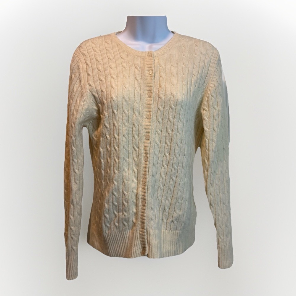Vintage LL Bean Cardigan Sweater Women Sz Med Cream Cable Knit Lambs Wool Blend